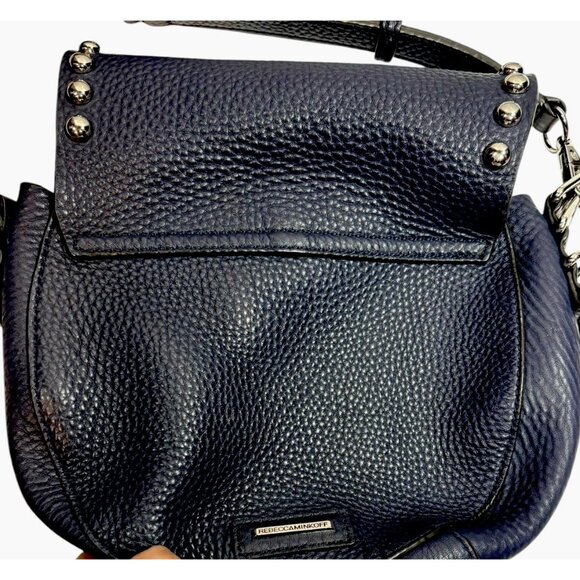Rebecca Minkoff Half Moon Studded Leather Unlined Saddle Bag Navy Blue Biker - Picture 3 of 7